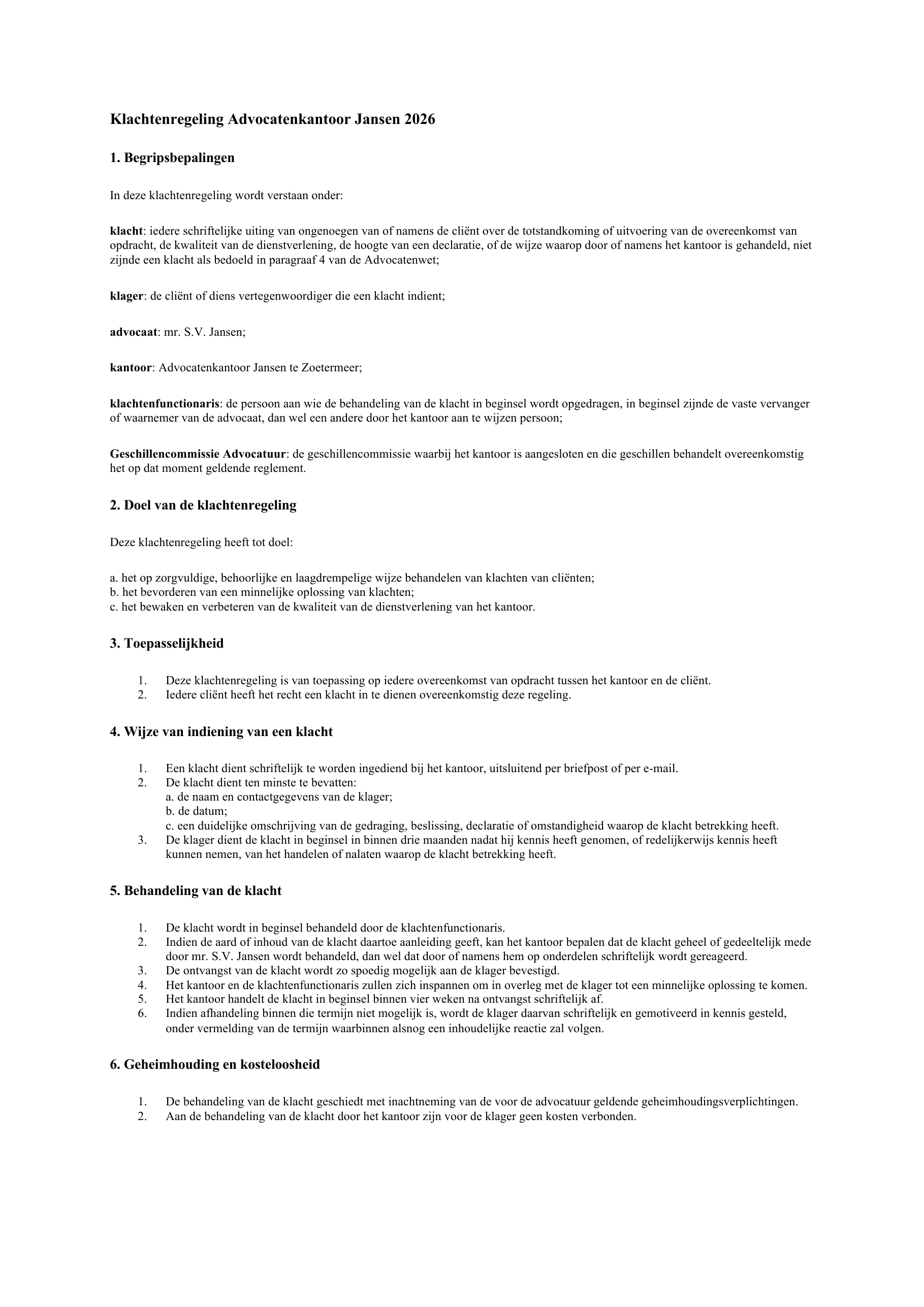 Kantoorklachtenregeling Advocatenkantoor Jansen 2026 pagina 1